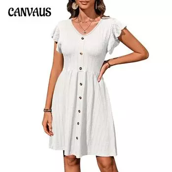 Женские летние новые платья с V-образным вырезом, пуговицами на талии, стрейч, короткими рукавами S белый