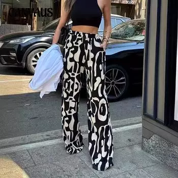 Женские летние новые повседневные эластичные длинные брюки с высокой талией и принтом S чёрный