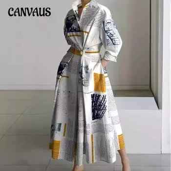 Женские летние новые пригородные платья с V-образным вырезом и карманами, с длинным рукавом и принтом, нестандартные длинные платья S