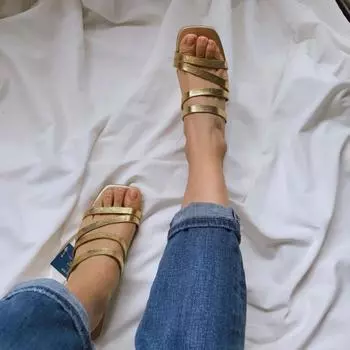 Женские летние новые простые модные повседневные сандалии и тапочки с квадратной головкой на плоской подошве 40 золотой
