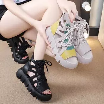 Женские летние новые ретро-римские сандалии на платформе с рыбьим ртом 35 серый