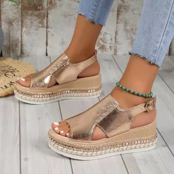 Женские летние новые римские сандалии с круглым носком и открытым носком на платформе Muffin 36 золотой