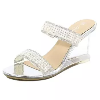 Женские летние новые сексуальные прозрачные тапочки на высоком каблуке с жемчугом и стразами на наклонном каблуке, серия 1098, 8 см 34 золотистый