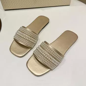 Женские летние новые стильные простые однотонные модные жемчужные дизайнерские сандалии для улицы, повседневные вечерние платья, женские тапочки большого размера 40 хаки