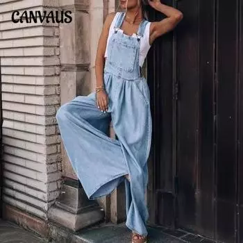 Женские летние новые свободные брюки без рукавов из денима сзади с боковыми карманами S светло-синий