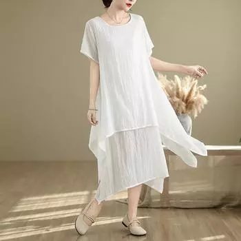 Женские летние новые свободные платья из однотонной хлопчатобумажной пряжи с круглым вырезом и коротким рукавом M