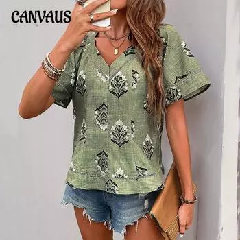 Женские летние новые топы в этническом стиле с V-образным вырезом и короткими рукавами с принтом, женские S зелёный