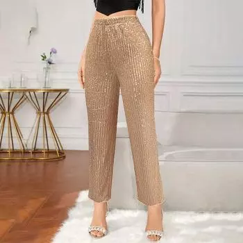 Женские летние облегающие повседневные брюки прямого кроя с высокой талией и бусинами S шампанского