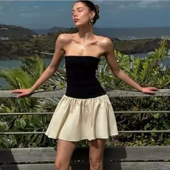 Женские летние однолинейные воротнички, плиссированные облегающие платья с цветовым сочетанием S чёрный