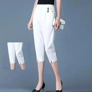 Женские летние однотонные брюки с высокой талией, темпераментные брюки Seven-minute, тонкие повседневные простые брюки для поездок на работу 3XL белый