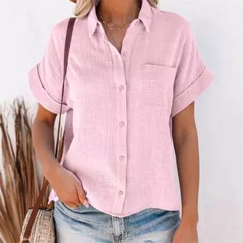 Женские летние однотонные хлопковые льняные рубашки для офиса, блузки с короткими рукавами и пуговицами с разрезом, белые, красные топы S красный