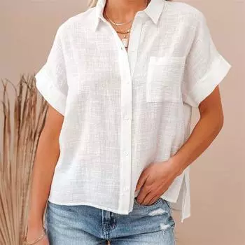 Женские летние однотонные хлопковые льняные рубашки для офиса, блузки с короткими рукавами и пуговицами с разрезом, белые, красные топы S красный