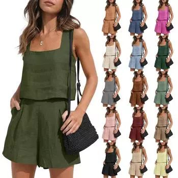 Женские летние однотонные комплекты из 2 предметов, шорты, майка без рукавов и шорты с высокой талией L коричневый