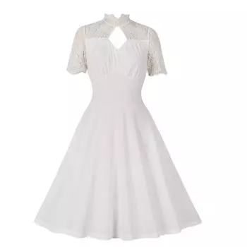 Женские летние однотонные кружевные платья с коротким рукавом и высокой талией L белый