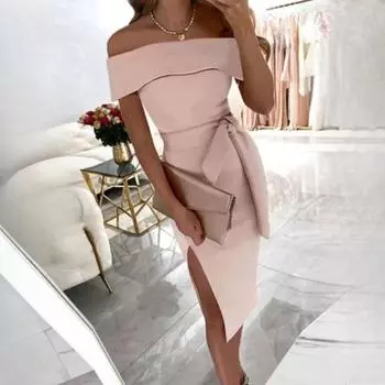 Женские летние однотонные платья на одно плечо с завязками и разрезами S розовый