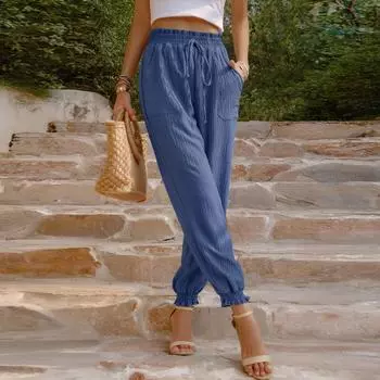 Женские летние однотонные плиссированные леггинсы с высокой талией и шнурком, брюки S коричневый