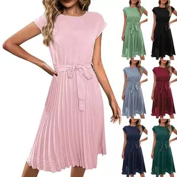 Женские летние однотонные плиссированные платья с круглым вырезом и галстуком L чёрный