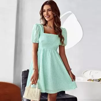 Женские летние однотонные повседневные платья с квадратным воротником и коротким рукавом, S-XXL S чёрный