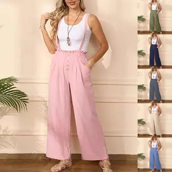 Женские летние однотонные съемные регулируемые комбинезоны без рукавов, хлопковые повседневные брюки, прямые брюки с эластичной резинкой на талии L
