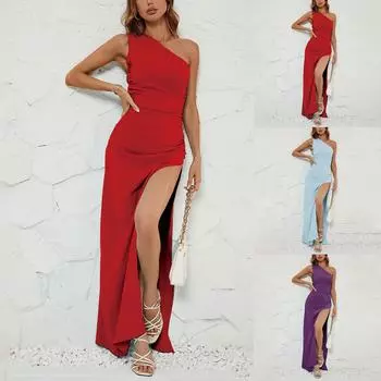 Женские летние однотонные сексуальные платья с наклонными плечами, тонкие платья с баской и разрезом L