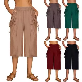 Женские летние однотонные широкие брюки, свободные модные, удобные и повседневные укороченные брюки L чёрный