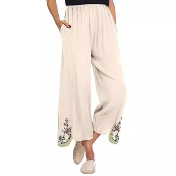 Женские летние однотонные свободные брюки из хлопка и льна с вышивкой и девятью точками L бежевый