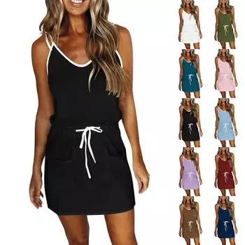Женские летние однотонные свободные платья с v-образным вырезом на подтяжках и карманами в стиле пэчворк L