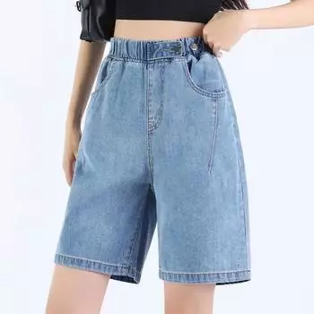 Женские летние однотонные удобные джинсы с эластичным поясом Five прямые свободные брюки средней длины 4XL чёрный