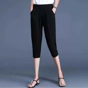 Женские летние однотонные удобные тонкие брюки Seven-minute с высокой талией, повседневные простые брюки для поездок на работу 4XL белый