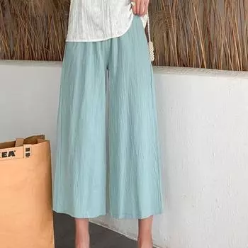 Женские летние осенние хлопковые льняные брюки с высокой талией, однотонные широкие укороченные брюки M белый