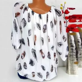 Женские летние осенние повседневные топы с принтом перьев, рубашки с короткими рукавами, блузки, топ S белый