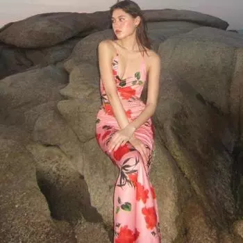 Женские летние печатные сексуальные платья с открытой спиной и U-образным вырезом для похудения S розовый