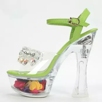 Женские летние пикантные универсальные босоножки на высоком каблуке со стразами, серия D115, каблук 15 см, платформа 5 см, LFD 34 зелёный