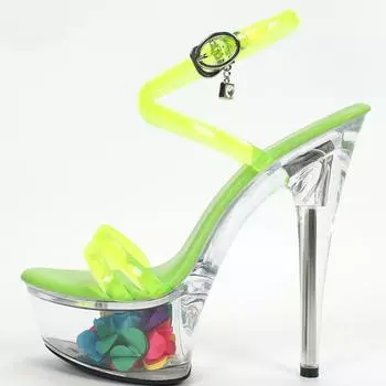 Женские летние пикантные универсальные босоножки на высоком каблуке со стразами, серия D115, каблук 15 см, платформа 5 см, LFD 34 зелёный