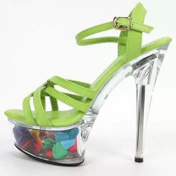 Женские летние пикантные универсальные босоножки на высоком каблуке со стразами, серия D115, каблук 15 см, платформа 5 см, LFD 34 зелёный