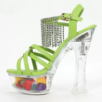 Женские летние пикантные универсальные босоножки на высоком каблуке со стразами, серия D115, каблук 15 см, платформа 5 см, LFD 34 зелёный