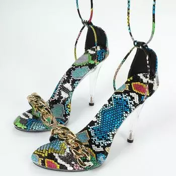 Женские летние пикантные универсальные красочные босоножки на высоком каблуке со змеиной кожей, сандалии серии D111, каблук 11 см, платформа 1 см, LFD 34