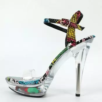Женские летние пикантные универсальные красочные босоножки из змеиной кожи на высоком каблуке, сандалии серии D113, каблук 13 см, платформа 3 см, LFD 34