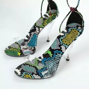 Женские летние пикантные универсальные красочные босоножки на высоком каблуке со змеиной кожей, сандалии серии D111, каблук 11 см, платформа 1 см, LFD 34