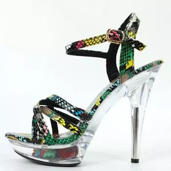 Женские летние пикантные универсальные красочные босоножки из змеиной кожи на высоком каблуке, сандалии серии D113, каблук 13 см, платформа 3 см, LFD 34