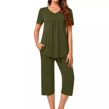 Женские летние пижамные комплекты, плиссированная одежда для сна, женская ночная рубашка с короткими рукавами, брюки три четверти с карманами L