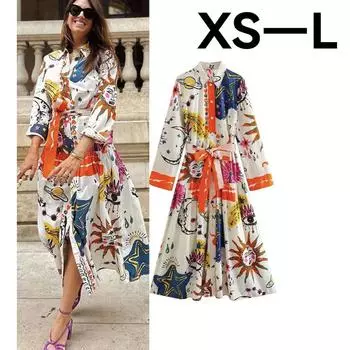 Женские летние платья 2023 года в стиле бохо с принтом, на шнуровке, с длинным рукавом, однобортное женское свободное платье для пляжной вечеринки S