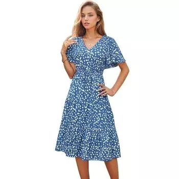 Женские летние платья 2024 г., солнцезащитное платье трапециевидной формы с цветочным принтом и V-образным вырезом и рюшами S синий