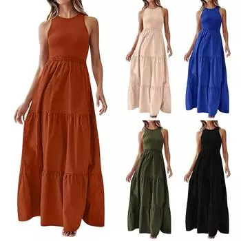 Женские летние платья без рукавов Макси-платья Ребристые вязаные топы и юбка с карманами L армия зеленый