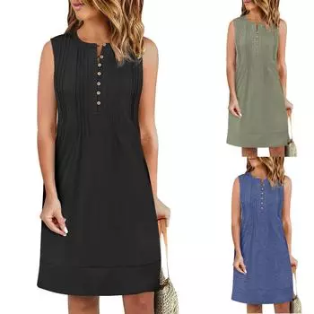 Женские летние платья без рукавов на пуговицах, повседневные свободные короткие сарафаны для пляжного отдыха с карманами M чёрный