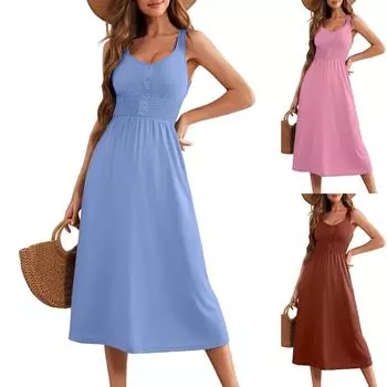 Женские летние платья без рукавов на пуговицах с присборенной резинкой на талии повседневные платья-трапеции миди сарафан L чёрный