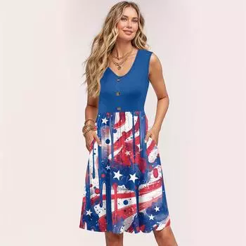 Женские летние платья без рукавов повседневные свободные летние платья на пуговицах с карманами L синий