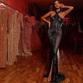 Женские летние платья без рукавов с висячим вырезом и пайетками-кисточками S чёрный