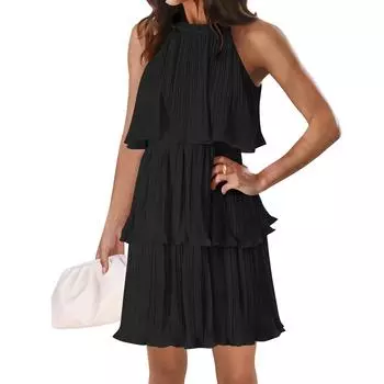 Женские летние платья без рукавов с рюшами, многослойное плиссированное платье трапециевидной формы L чёрный
