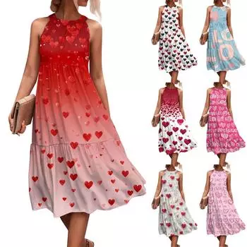 Женские летние платья без рукавов с принтом ко Дню святого Валентина, свободные, повседневные, с висячим вырезом, пляжные платья L горячий розовый